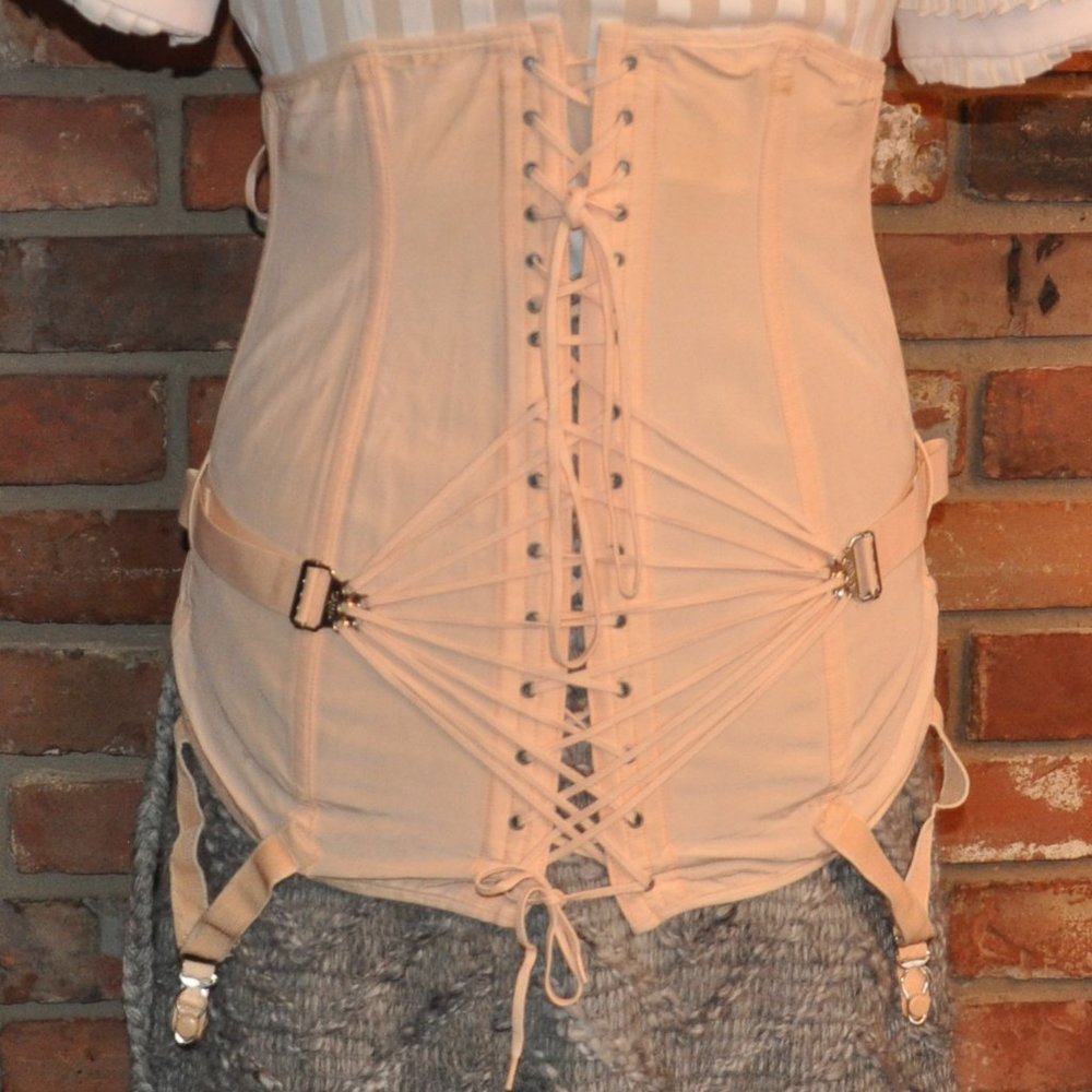 Vtg 30s CAMP Corset, SteamPunK, Back Fan Lacing & Side Lacing, Girdle, 4 Garters